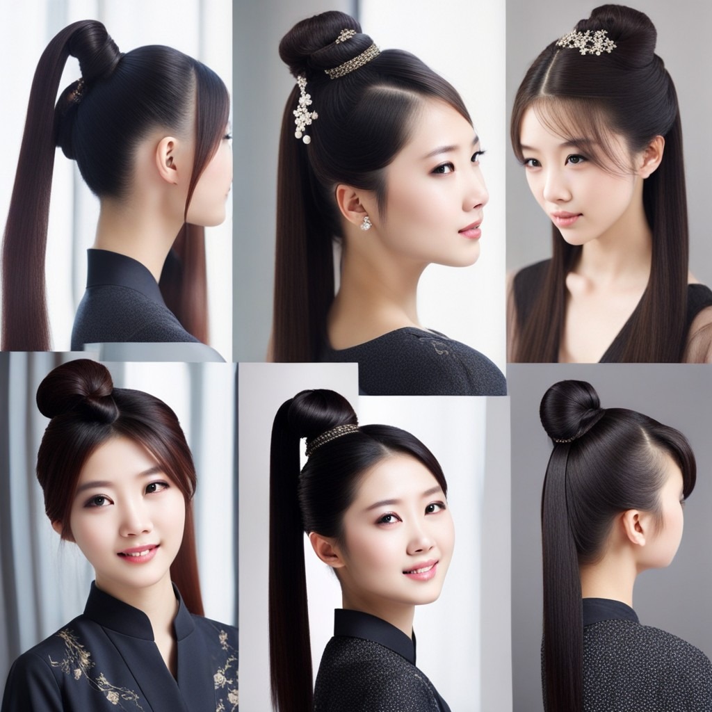 cuatro estilos diferentes de cabello con varios colores de cabello, que muestran peinados chinos para niñas.