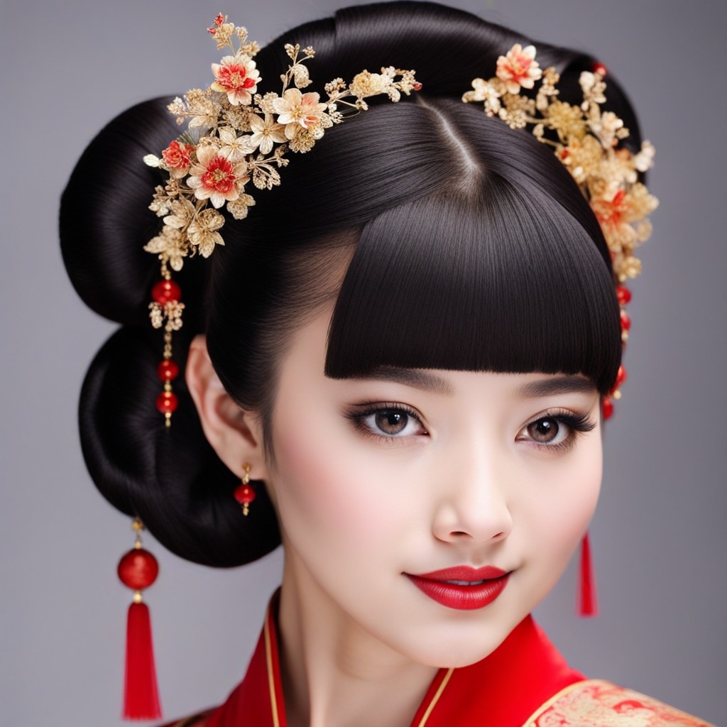 La imagen muestra a una impresionante dama china adornada con un atuendo tradicional y con el cabello peinado al estilo clásico chino para niñas.