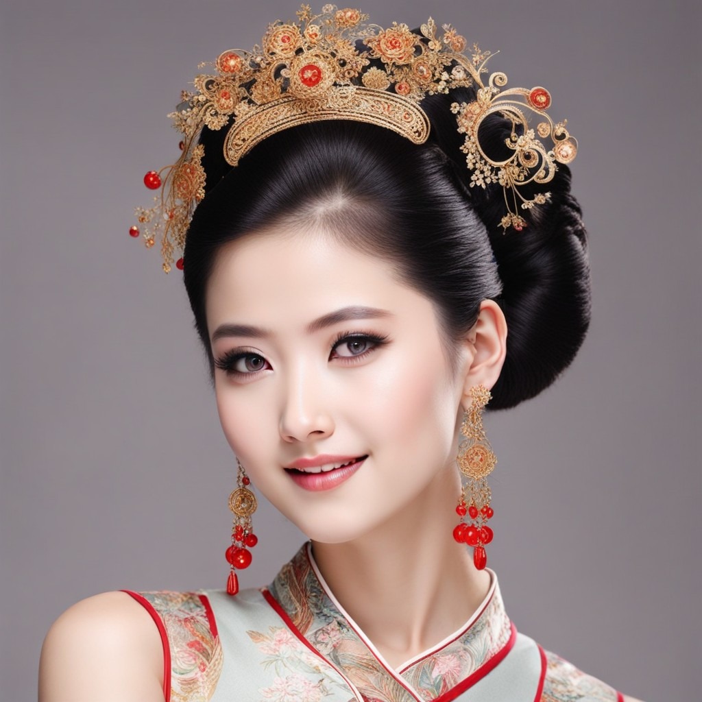 Un tocado tradicional adorna a una hermosa mujer china