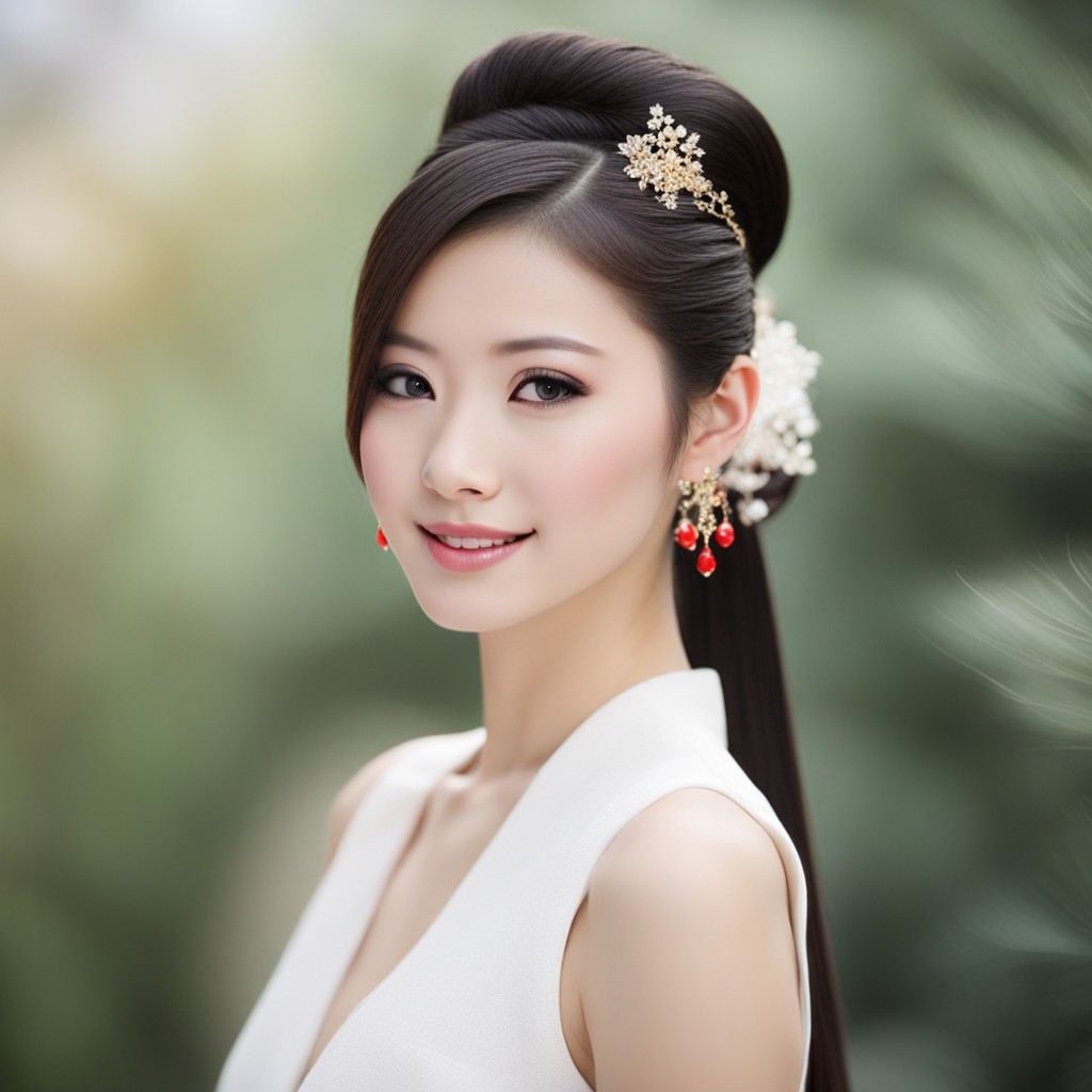 una hermosa novia china con cabello largo y aretes rojos, que muestra peinados chinos para niñas.