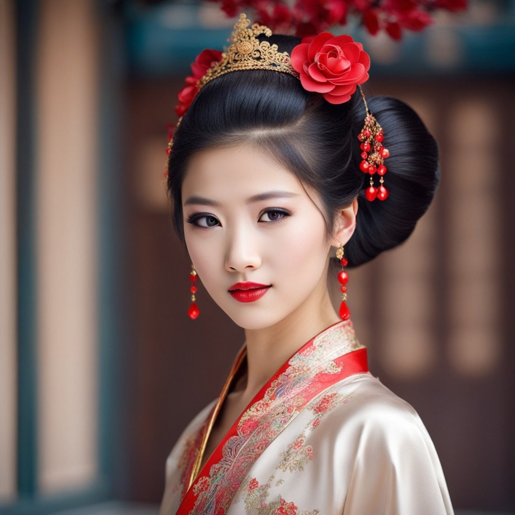 Una imagen visualmente cautivadora muestra a una elegante mujer china adornada con un atuendo tradicional. La fotografía muestra exquisitos peinados chinos para niñas, ofreciendo una mirada al rico patrimonio cultural.