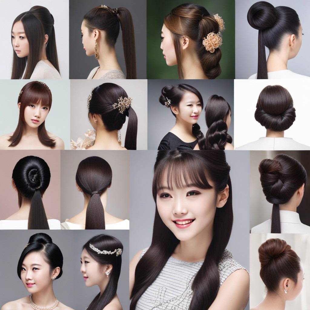 En la imagen se muestra un collage que muestra varios estilos de cabello, incluidos peinados chinos para niñas.