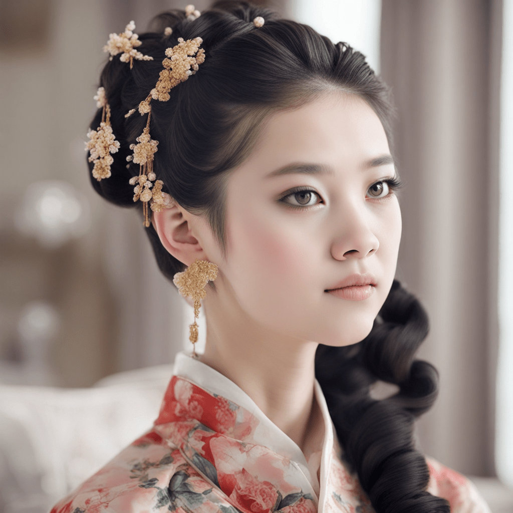elegante chica china con ropa tradicional, mostrando un peinado cautivador.