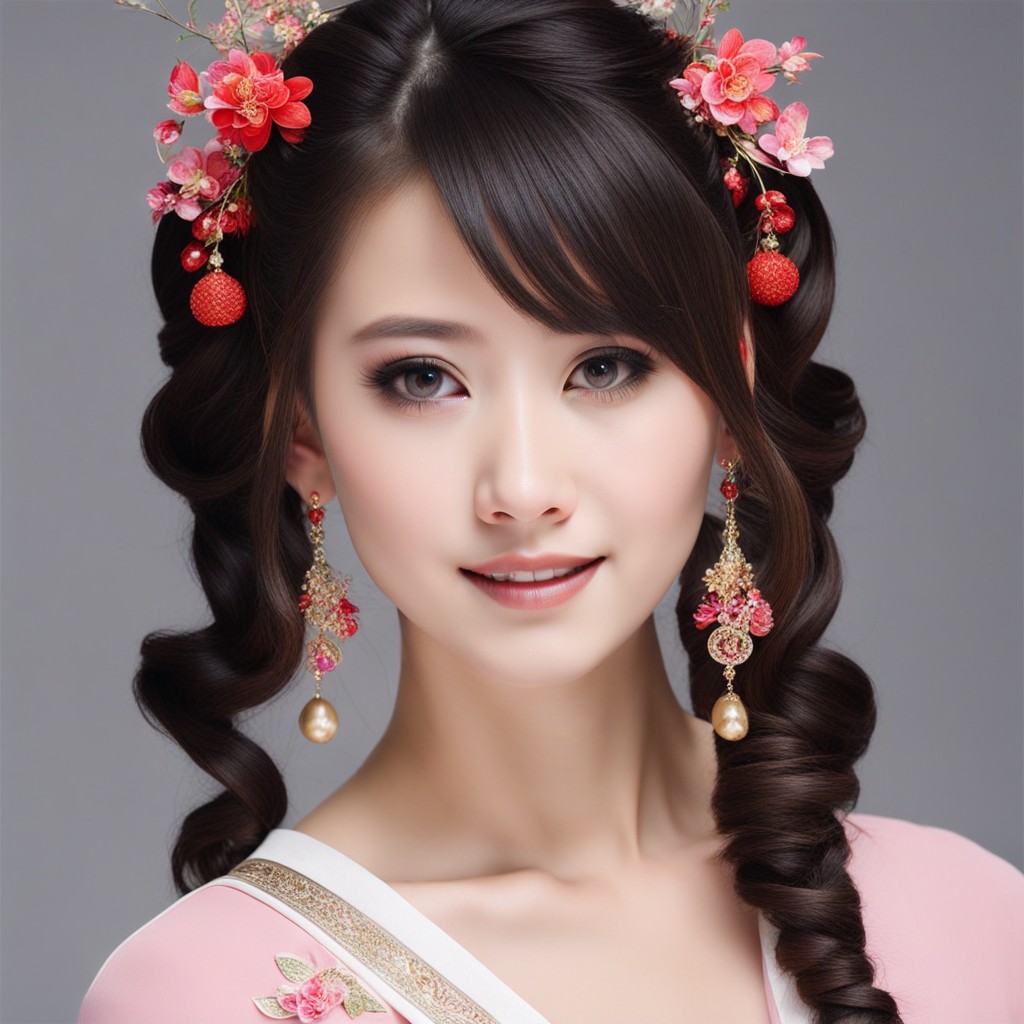 La imagen muestra a una mujer deslumbrante adornada con un vestido tradicional chino, mostrando varios peinados para niñas.