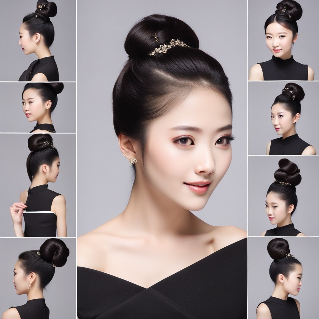 una serie de imágenes que muestran diversos estilos de cabello, incluidos peinados chinos para niñas.