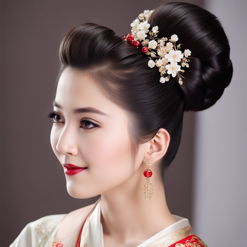 una representación de una mujer deslumbrante adornada con un elegante peinado tradicional chino, que muestra varios peinados para niñas.