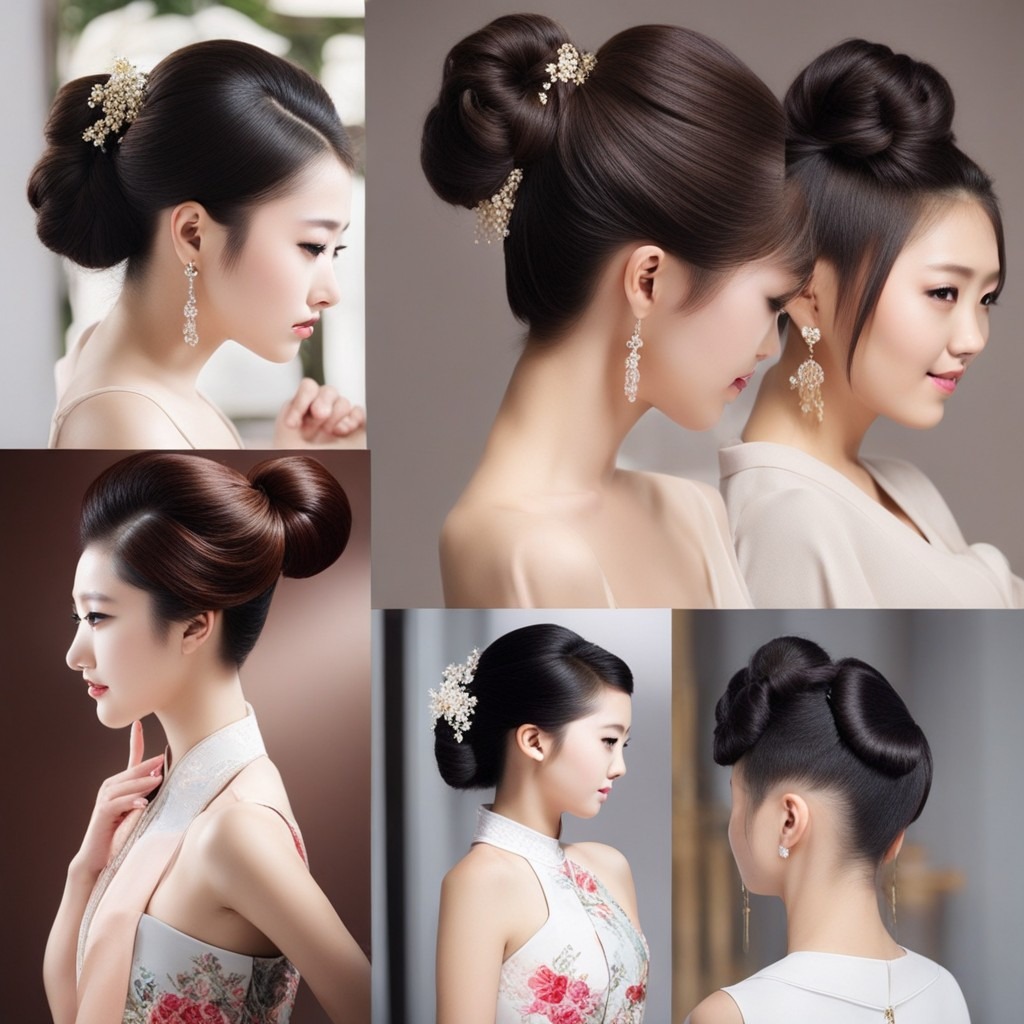 La imagen muestra a una mujer deslumbrante adornada con un tocado tradicional chino, mostrando varios peinados para niñas.