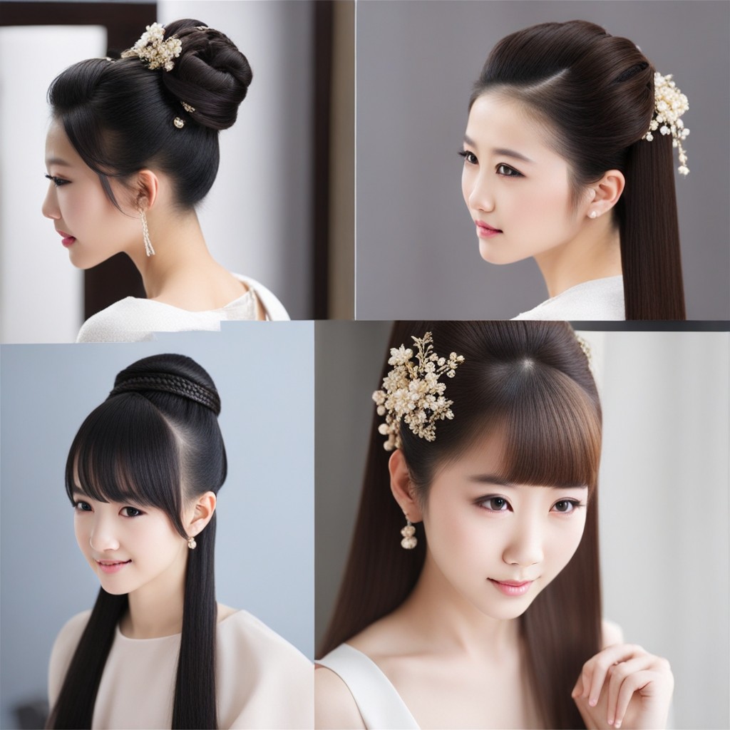 cuatro estilos diferentes de cabello adornados con delicadas flores, que muestran peinados tradicionales chinos para niñas.