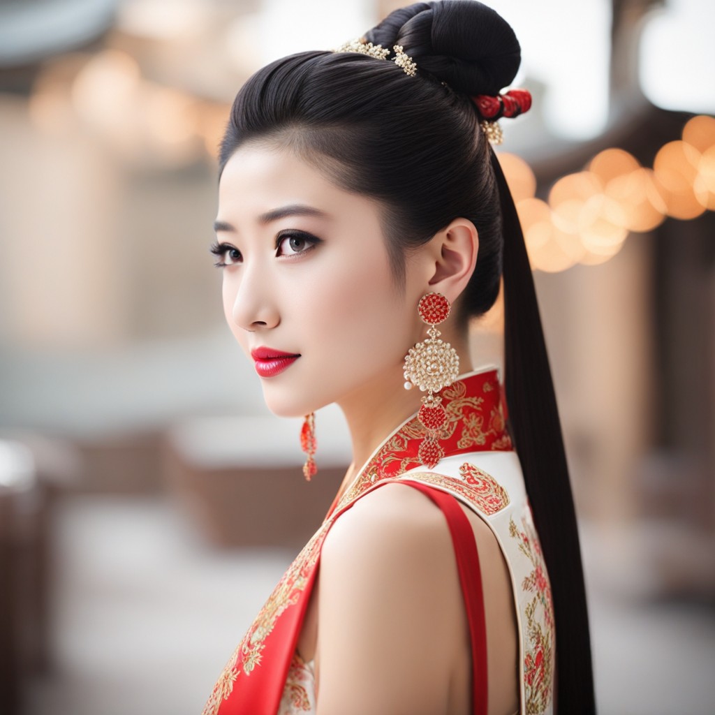 La imagen muestra a una mujer deslumbrante vestida con un atuendo tradicional chino y mostrando varios peinados para niñas.