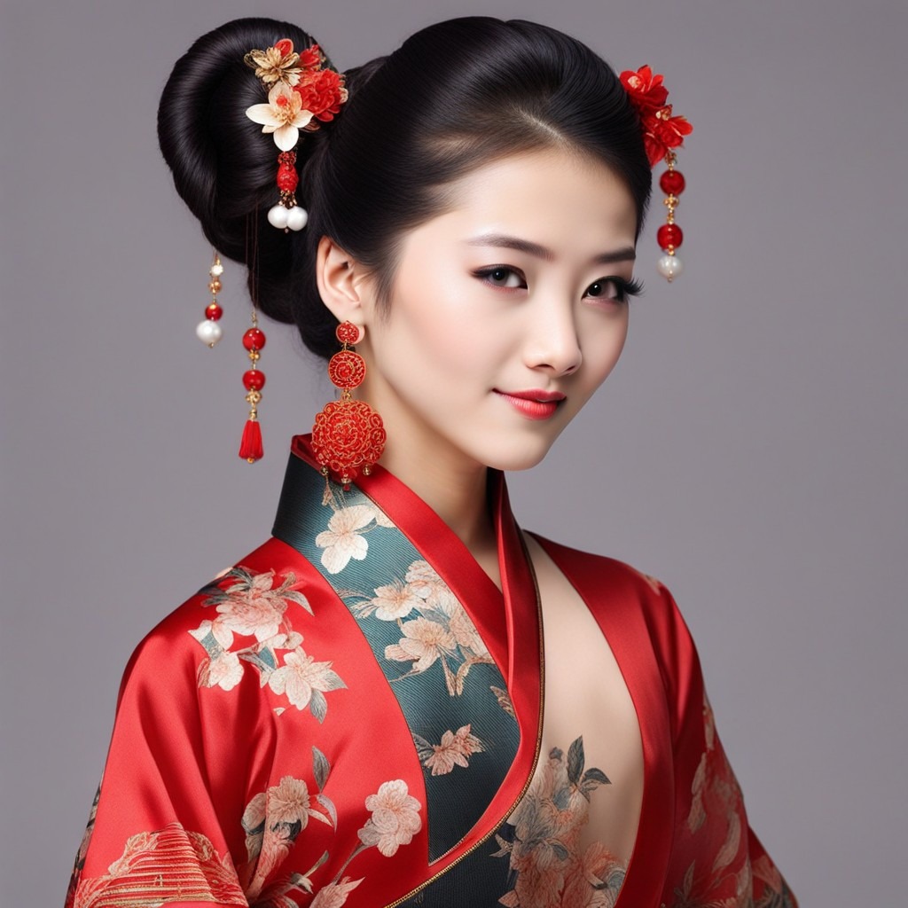 La imagen muestra a una mujer deslumbrante vestida con un atuendo tradicional chino y mostrando varios peinados para niñas.