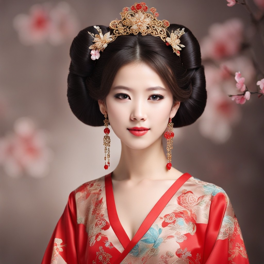 Una imagen visualmente cautivadora muestra a una elegante mujer china adornada con un atuendo tradicional. con especial atención a los peinados chinos para niñas.