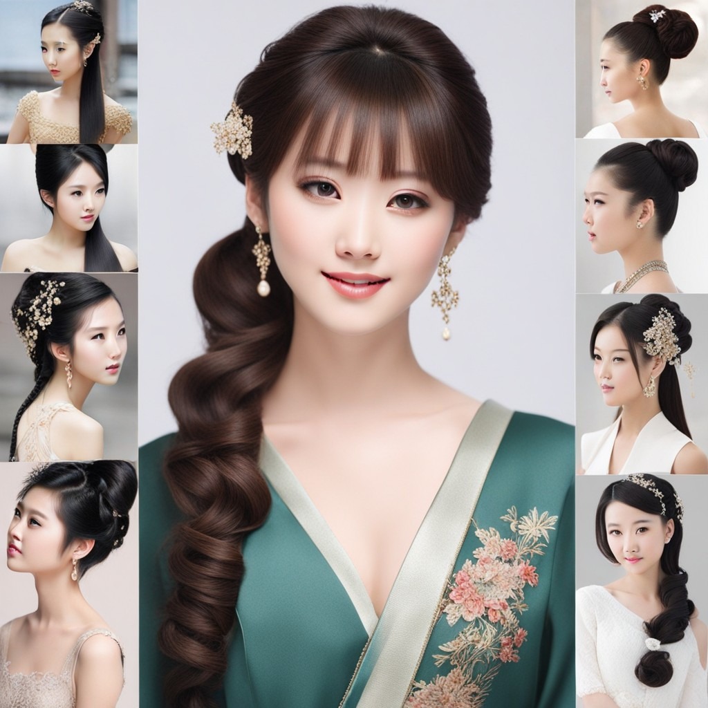 En la imagen se muestra un collage que muestra varios peinados para mujeres. La composición se centra principalmente en peinados chinos para niñas.