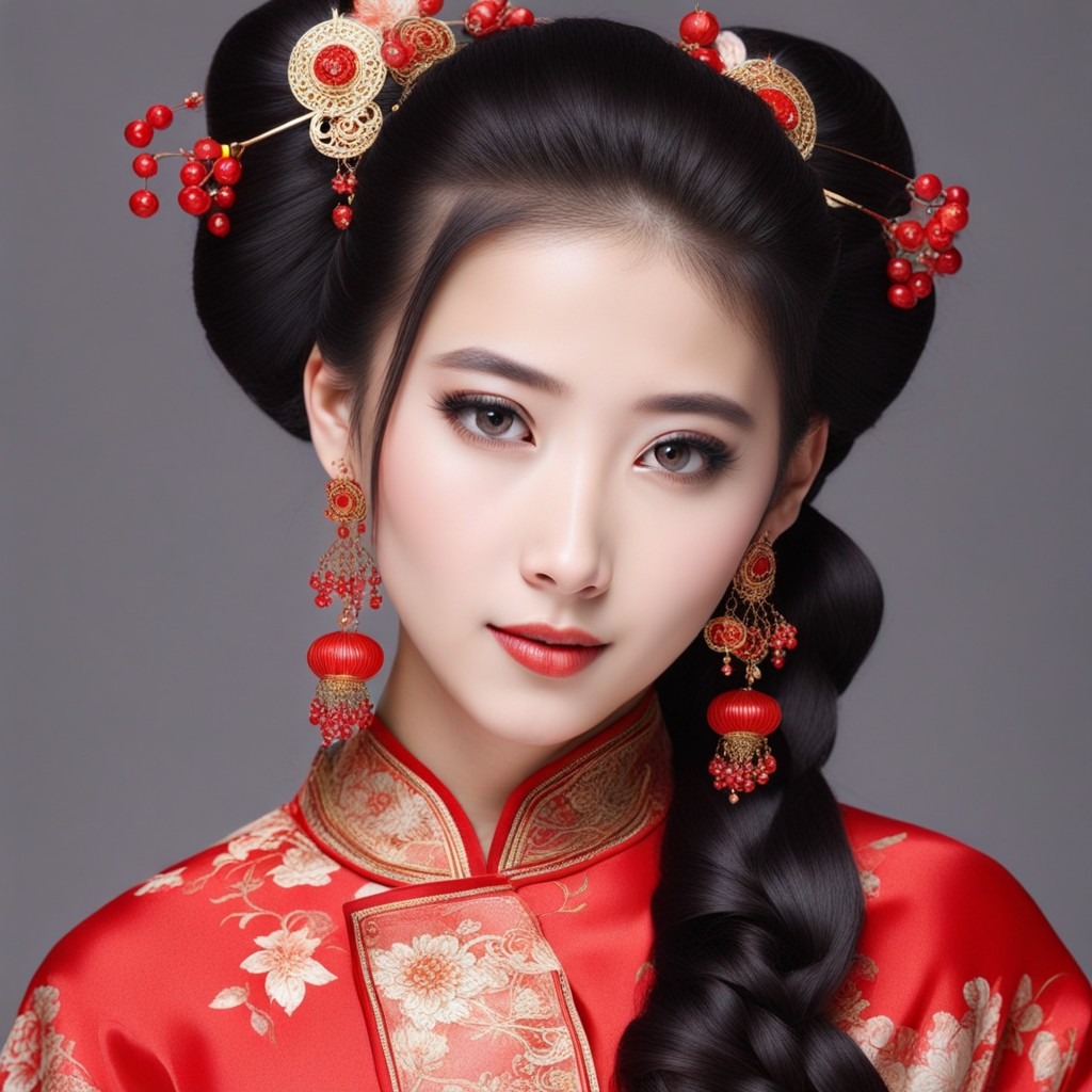 Una impresionante mujer china en atuendo rojo y dorado muestra peinados tradicionales chinos en una imagen de alto valor cultural.