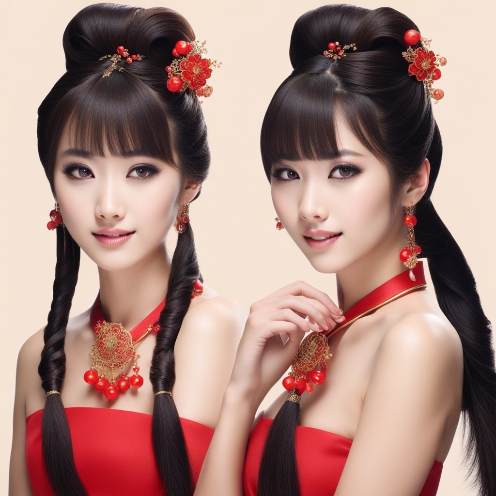 Dos mujeres asiáticas elegantemente vestidas con atuendos rojos y exquisitas joyas muestran los peinados tradicionales de las niñas chinas, capturando la esencia de la belleza.