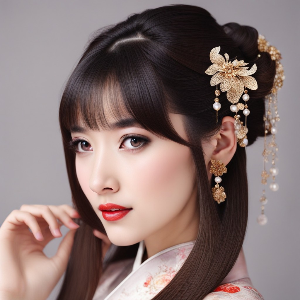 La imagen muestra a una elegante mujer asiática vistiendo un kimono tradicional, destacando los peinados chinos para las niñas.