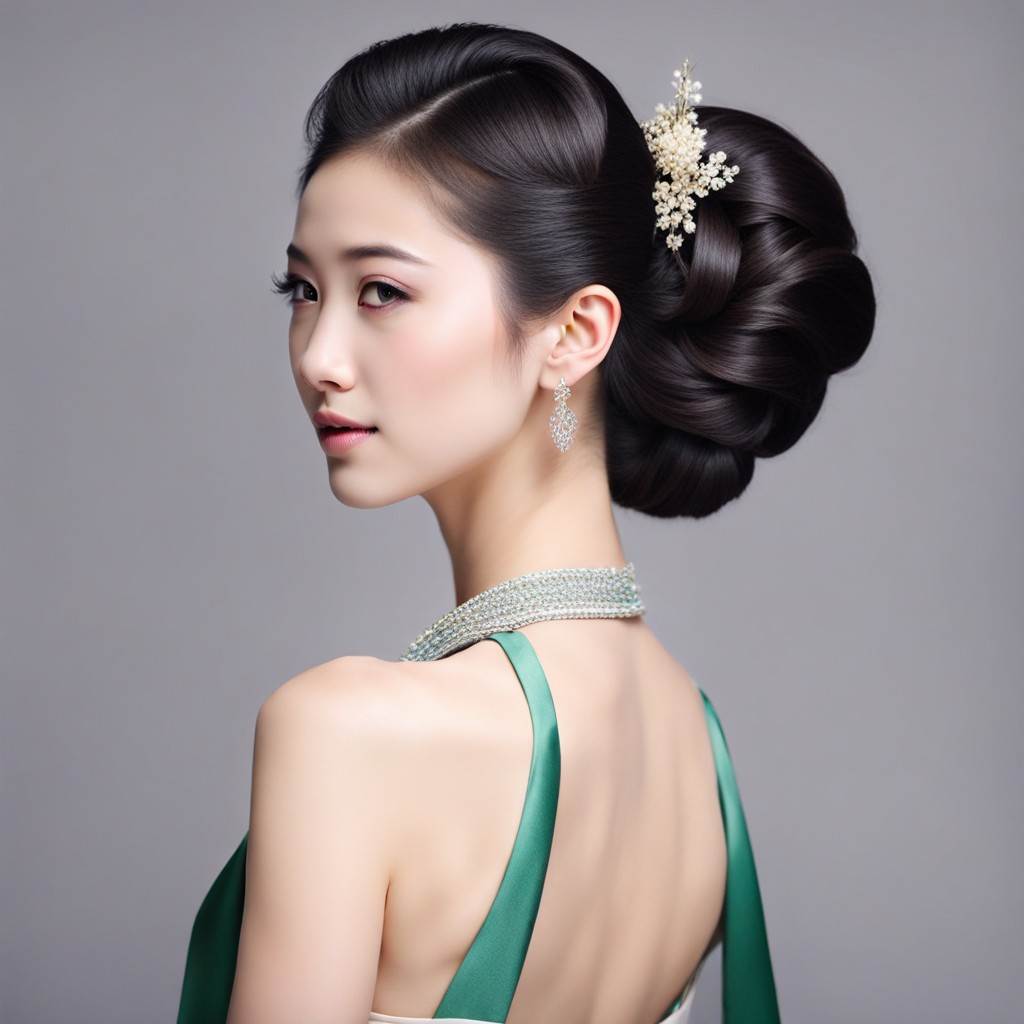 Hermosa dama con un vestido verde con un peinado de moño, mostrando la gracia y el encanto de una niña china.