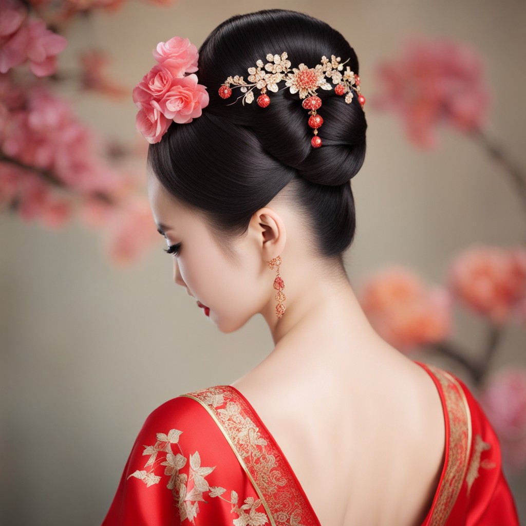 una impresionante mujer china con un vestido tradicional adornado con flores rojas, mostrando hermosos peinados chinos para niñas.