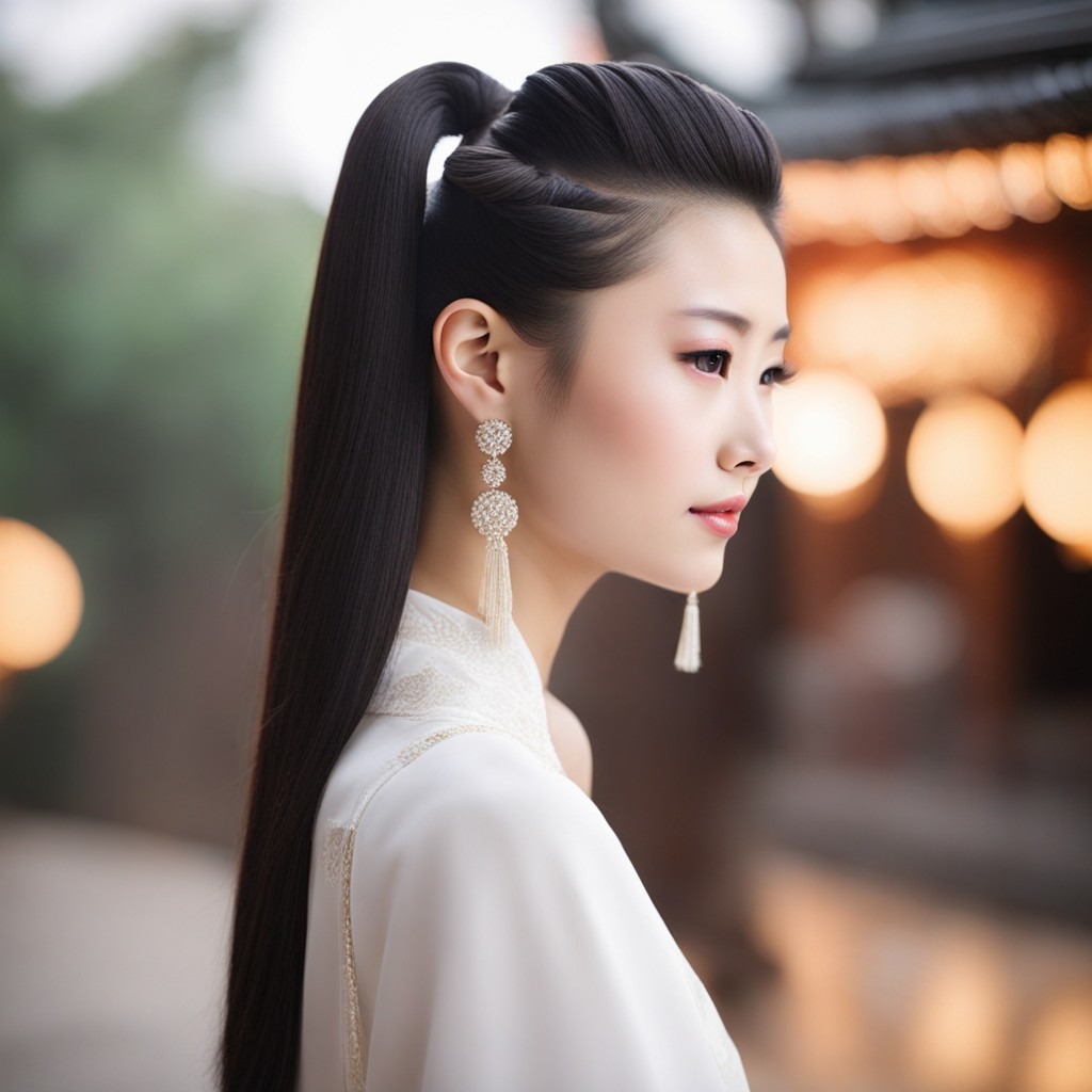 Una imagen visualmente atractiva muestra a una mujer deslumbrante con un elegante vestido blanco, complementado con su cabello largo y suelto. Esta cautivadora representación resume la esencia de los peinados chinos para niñas.