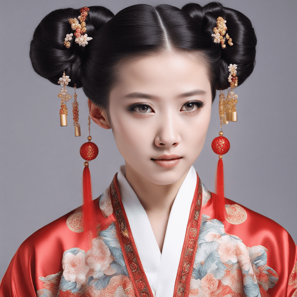 elegante chica china con traje tradicional, mostrando un peinado impresionante.