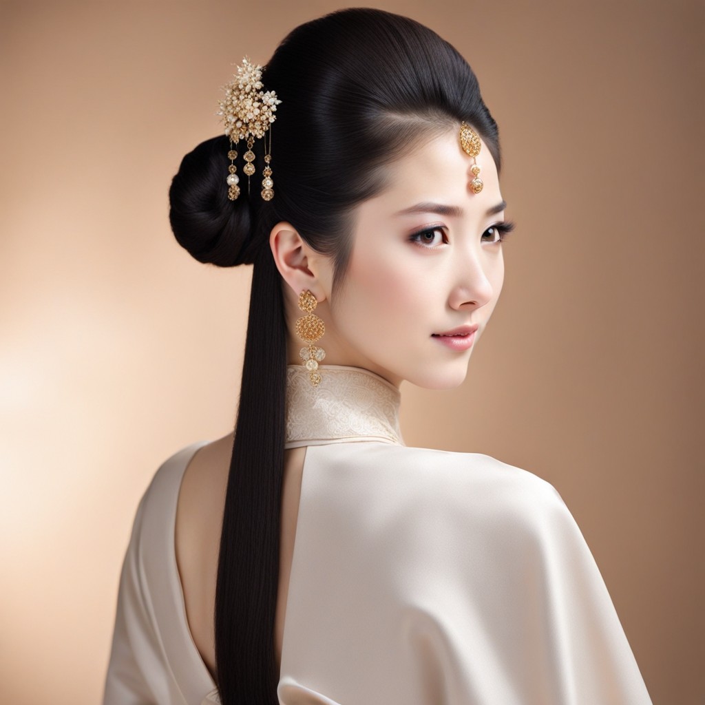 La imagen muestra a una elegante mujer china con ropa tradicional y peinados adecuados para niñas.