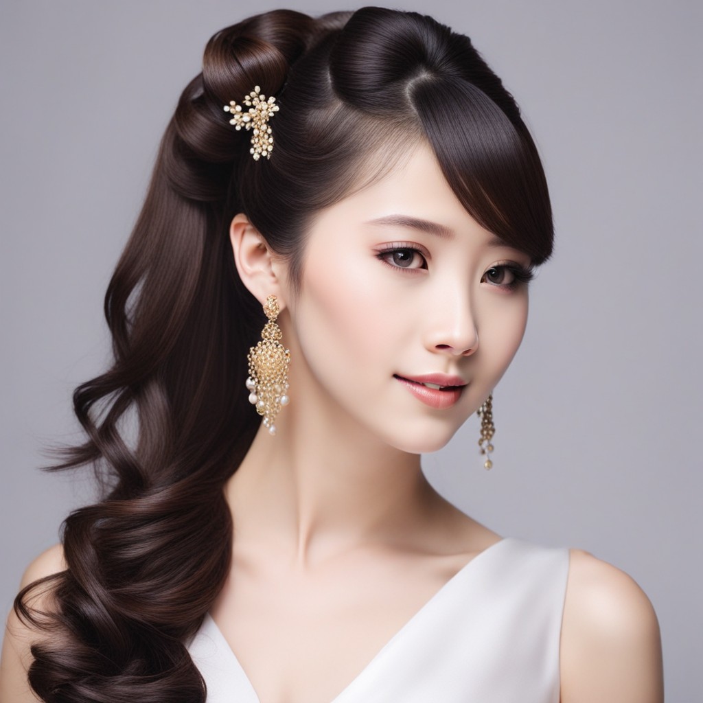 Imagen cautivadora de una mujer elegante con cabello largo y un sofisticado postizo de boda, destacando los peinados de niña china.