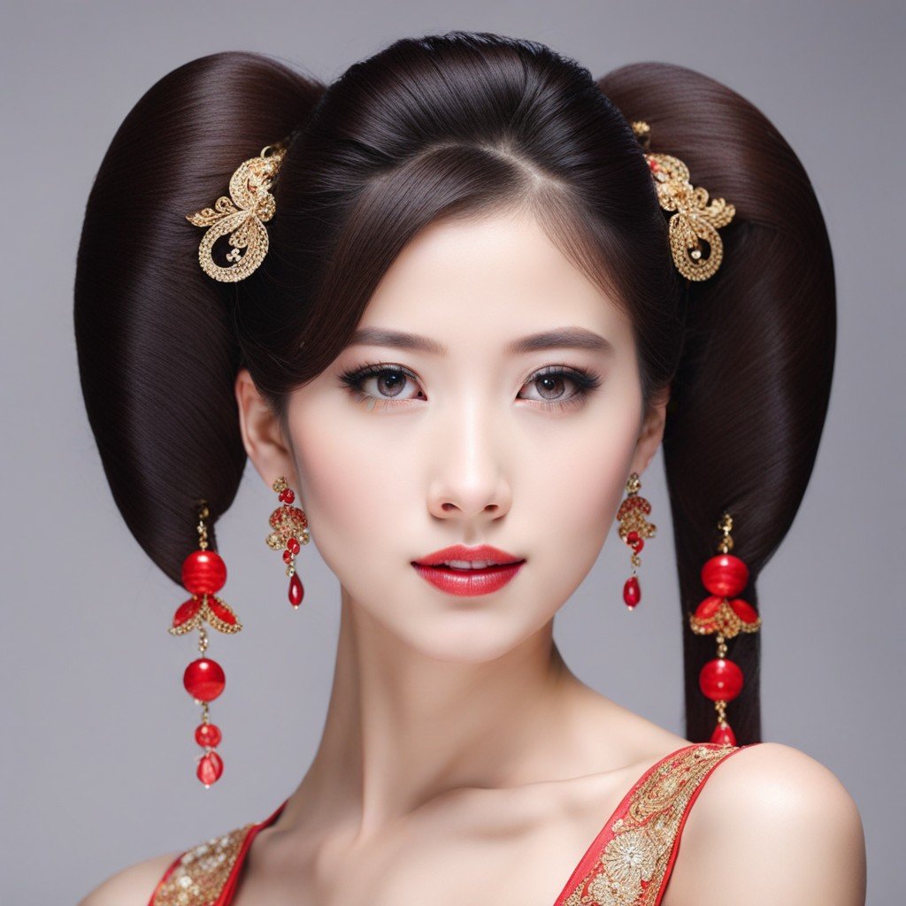 En la imagen se muestra una mujer china con un traje tradicional adornado con aretes rojos. La fotografía muestra varios peinados chinos para niñas.