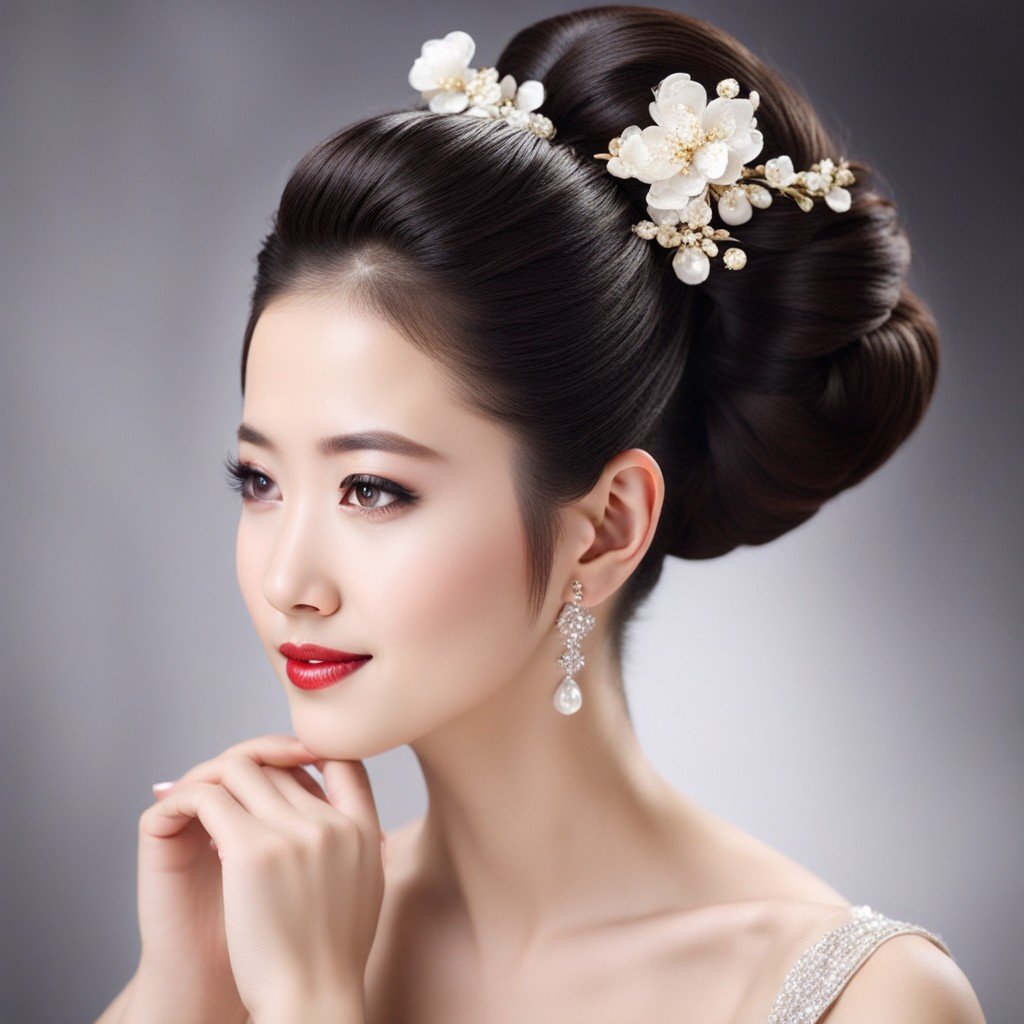 elegante cabello nupcial chino sobre una hermosa mujer asiática.