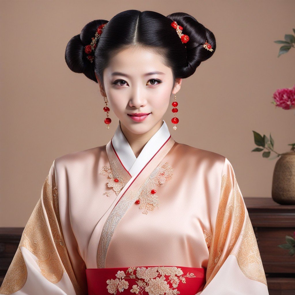 elegante mujer china con ropa tradicional, mostrando lomos Peinado para niña.