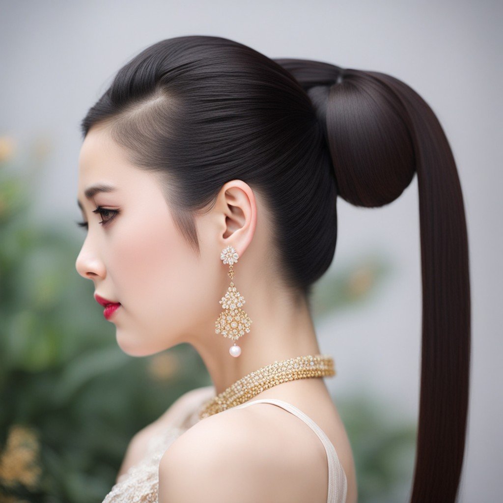 mujer asiática con pelo largo en una cola de caballo con peinados chinos.