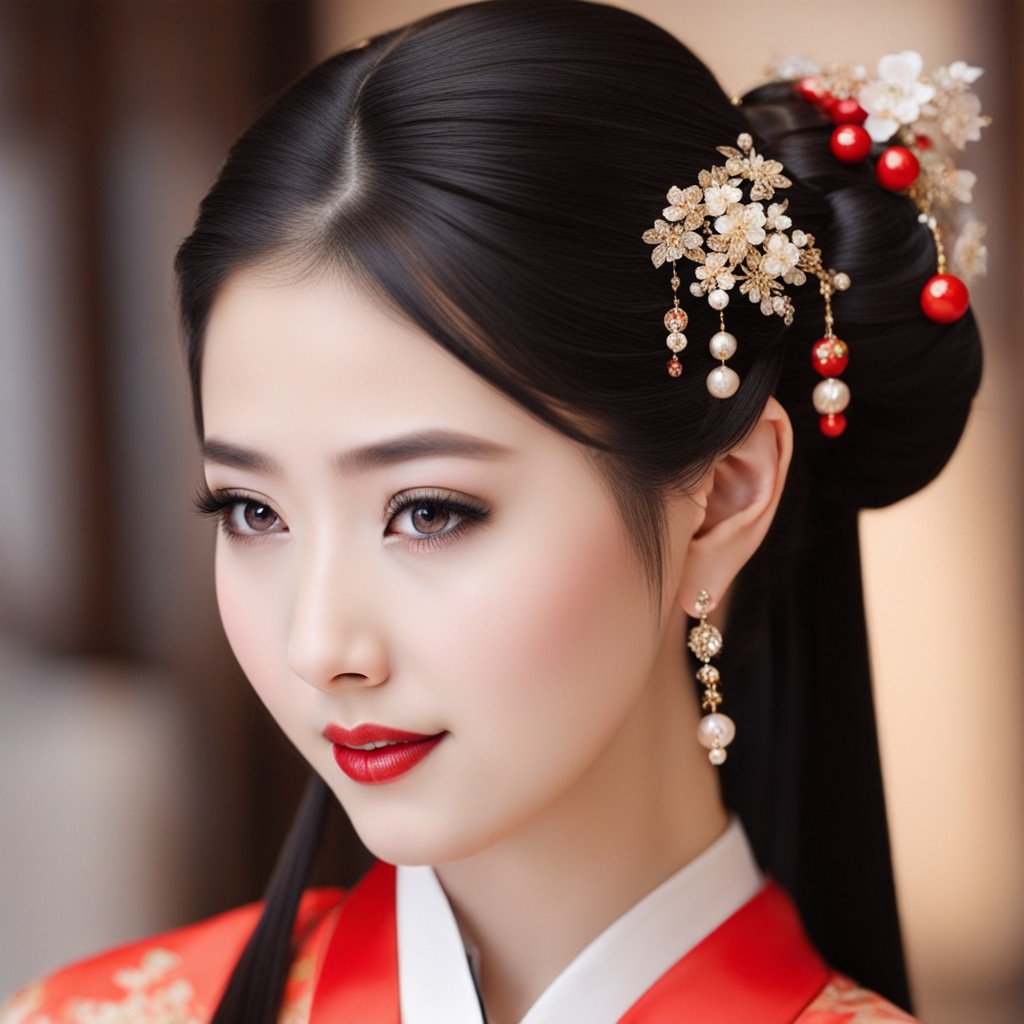 Impresionante imagen de una mujer con peinados chinos.