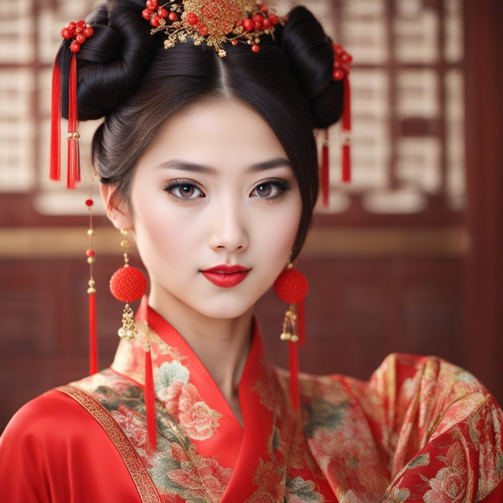 Mujer china adornada con atuendo tradicional, centrándose en peinados chinos para niñas.