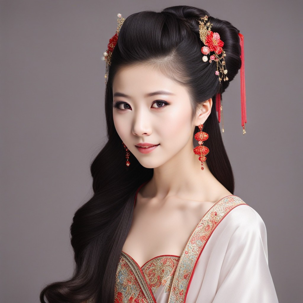 una cautivadora dama china vestida con ropa tradicional y mostrando peinados elegantes.