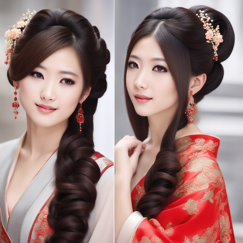 Dos imágenes representan mujeres asiáticas con cabello largo, mostrando peinados chinos para niñas.