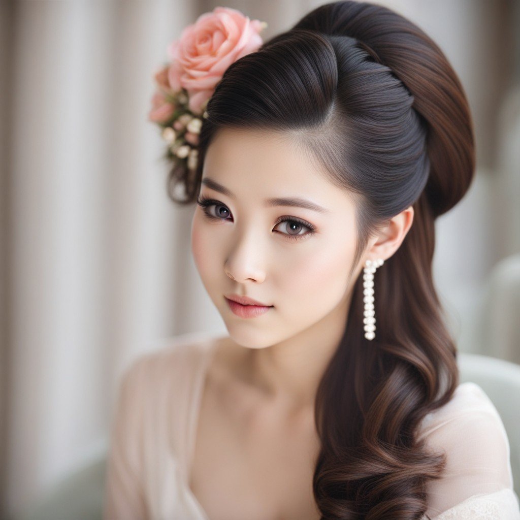 novia asiática con cabello largo y aretes de perlas, mostrando peinados chinos para niñas