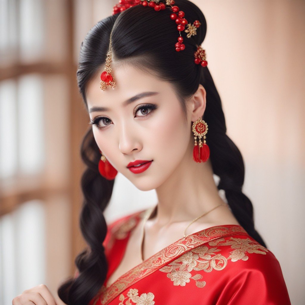 Mujer china elegante con ropa tradicional, mostrando diversos peinados.