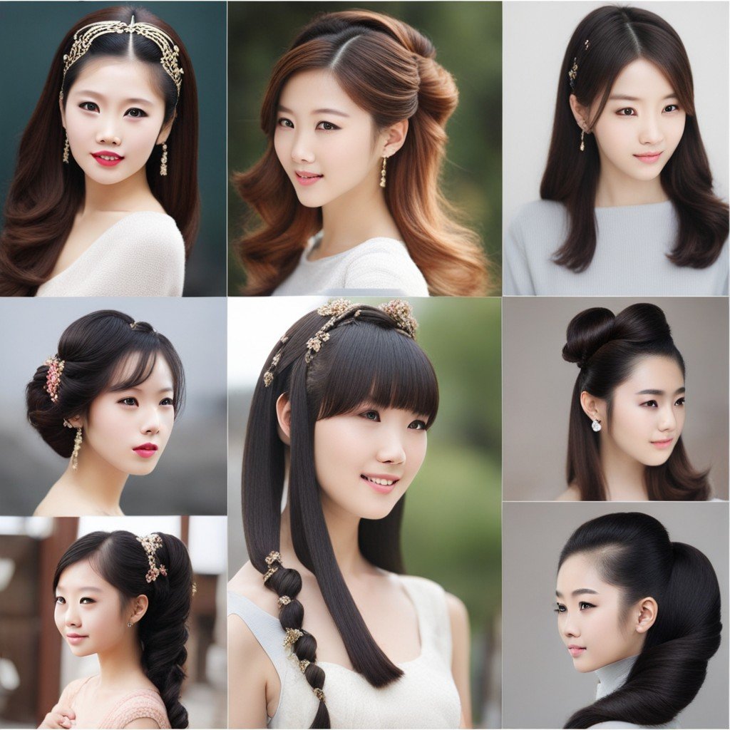 En la imagen se muestra un collage que muestra varias mujeres asiáticas con diversos peinados. El foco de la imagen está en los peinados chinos para niñas.
