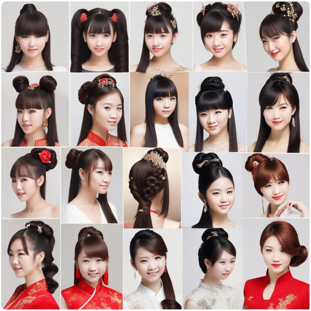 collage de mujeres asiáticas que muestran diferentes peinados, incluidos peinados chinos para niñas.