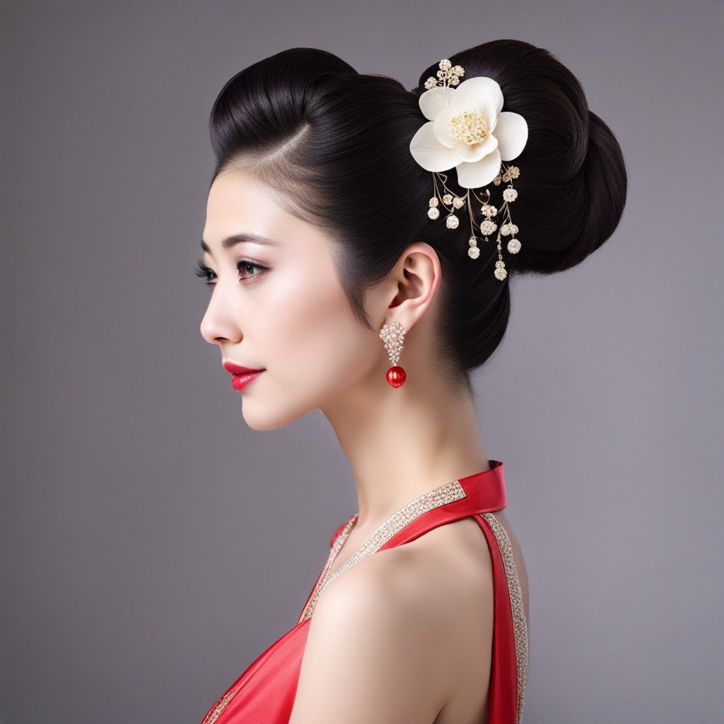 En esta imagen se muestra una mujer con un vestido rojo vibrante y adornada con una delicada flor en el cabello que muestra peinados chinos para niñas.