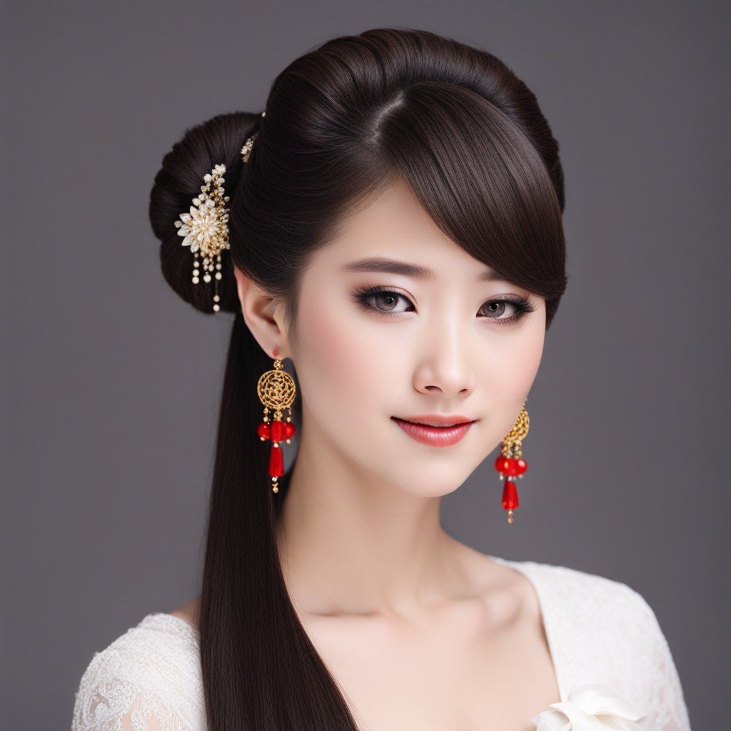 Esta imagen muestra a una hermosa dama con un vestido de novia, su cabello suelto peinado al estilo tradicional chino, resaltando la elegancia de los peinados chinos para las mujeres.