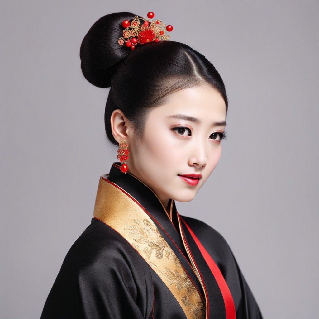 una impresionante mujer china vestida con un traje tradicional que muestra elegantes peinados chinos para niñas.