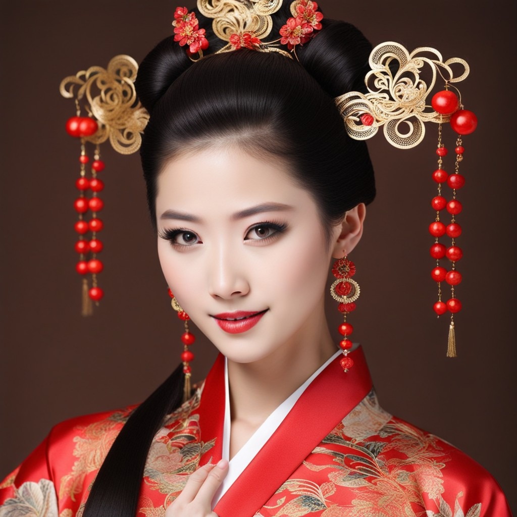 Exquisita dama china adornada con ropa y joyas tradicionales
