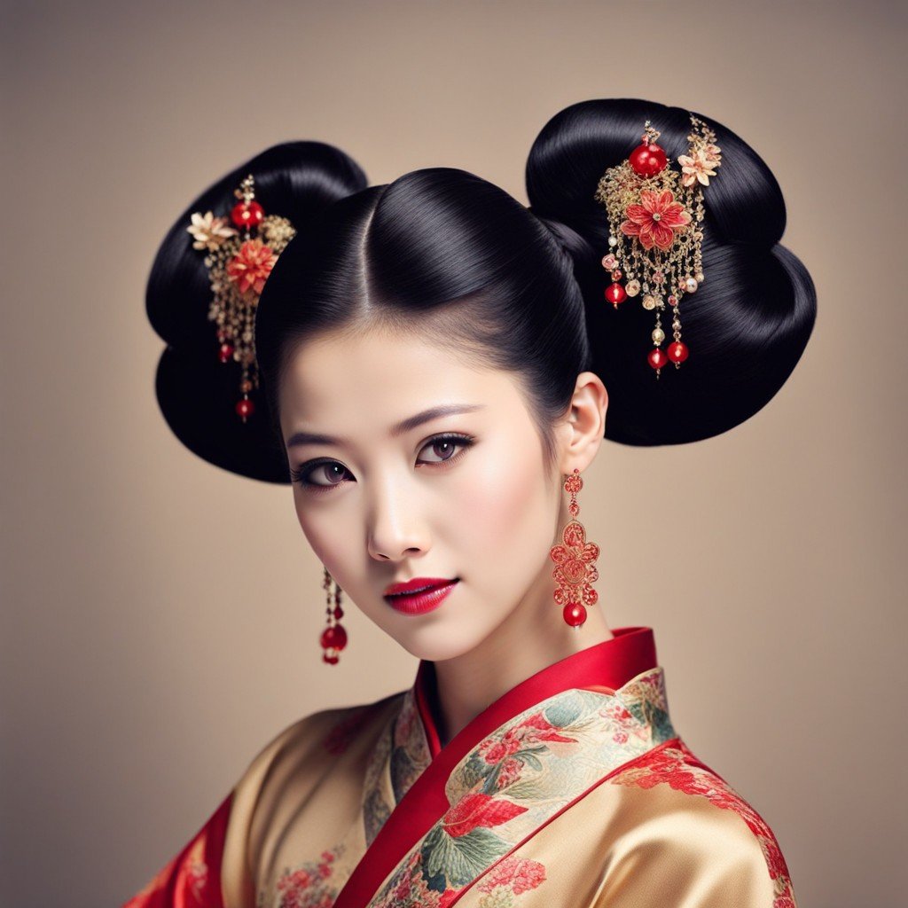 una elegante mujer china con vestimenta tradicional exhibe peinados tradicionales chinos para niñas con delicadeza.