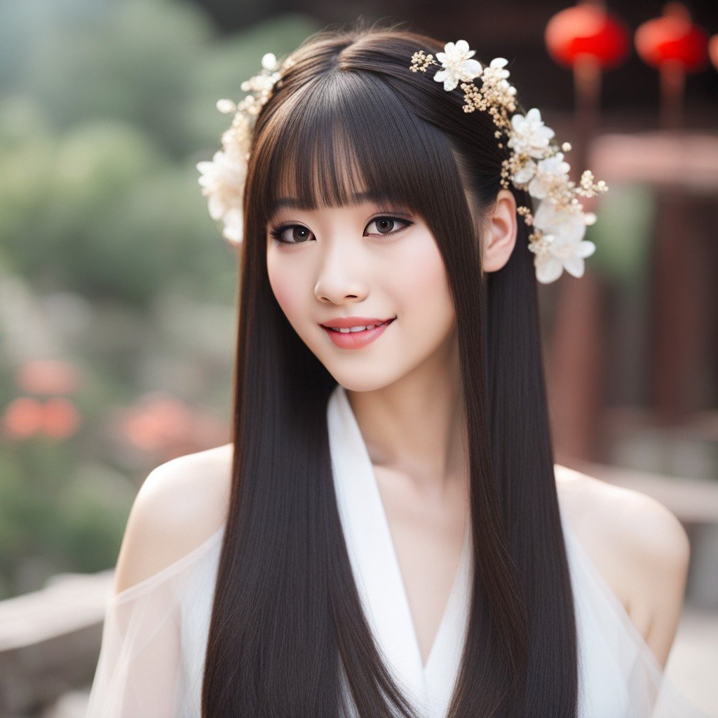 una impresionante mujer joven con cabello suelto y un elegante vestido blanco que muestra peinados tradicionales chinos para niñas.