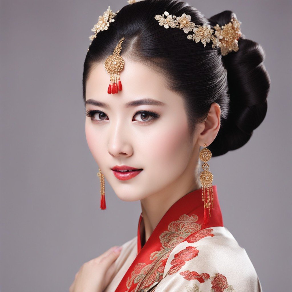 una impresionante mujer china vestida con atuendo tradicional y mostrando varios peinados para niñas.