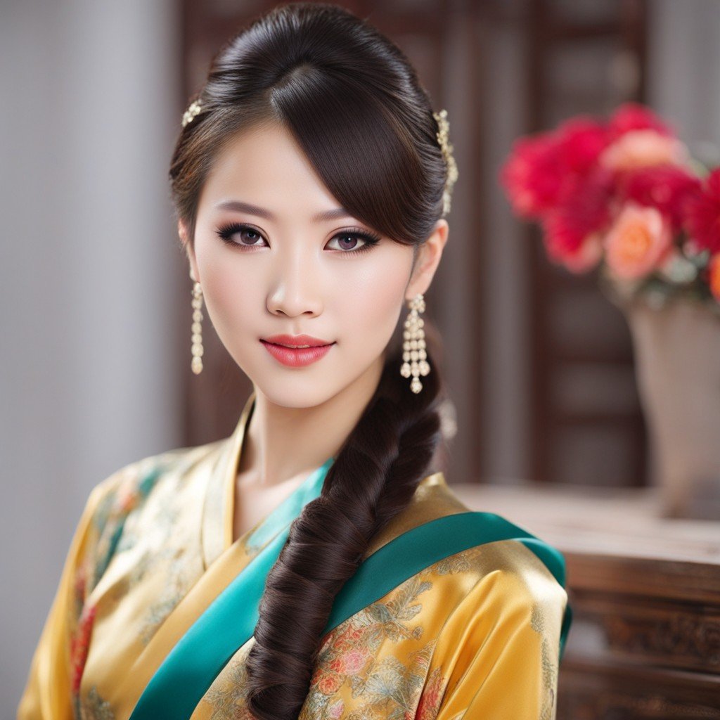 Esta imagen muestra a una hermosa dama china con un vestido tradicional y haciendo alarde de peinados chinos para niñas.