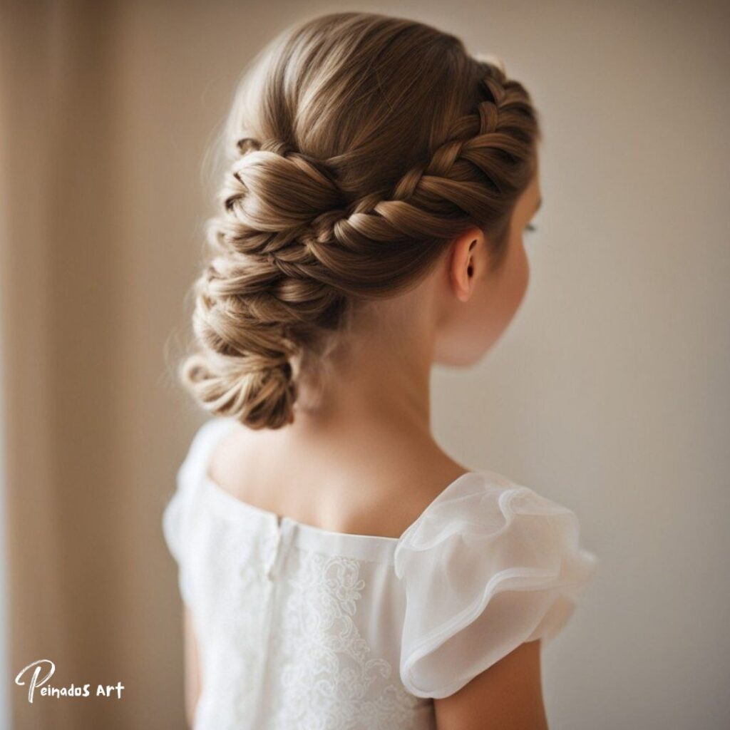 Una niña de 10 años con el pelo peinado en una cuidada trenza, mostrando una apariencia encantadora y juvenil.