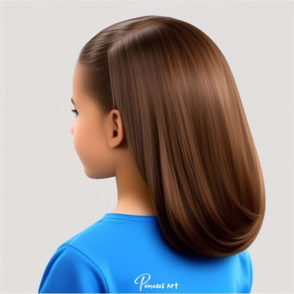 Una imagen de una niña de 10 años con cabello largo y castaño, peinado en ondas sueltas, que personifica la gracia juvenil.