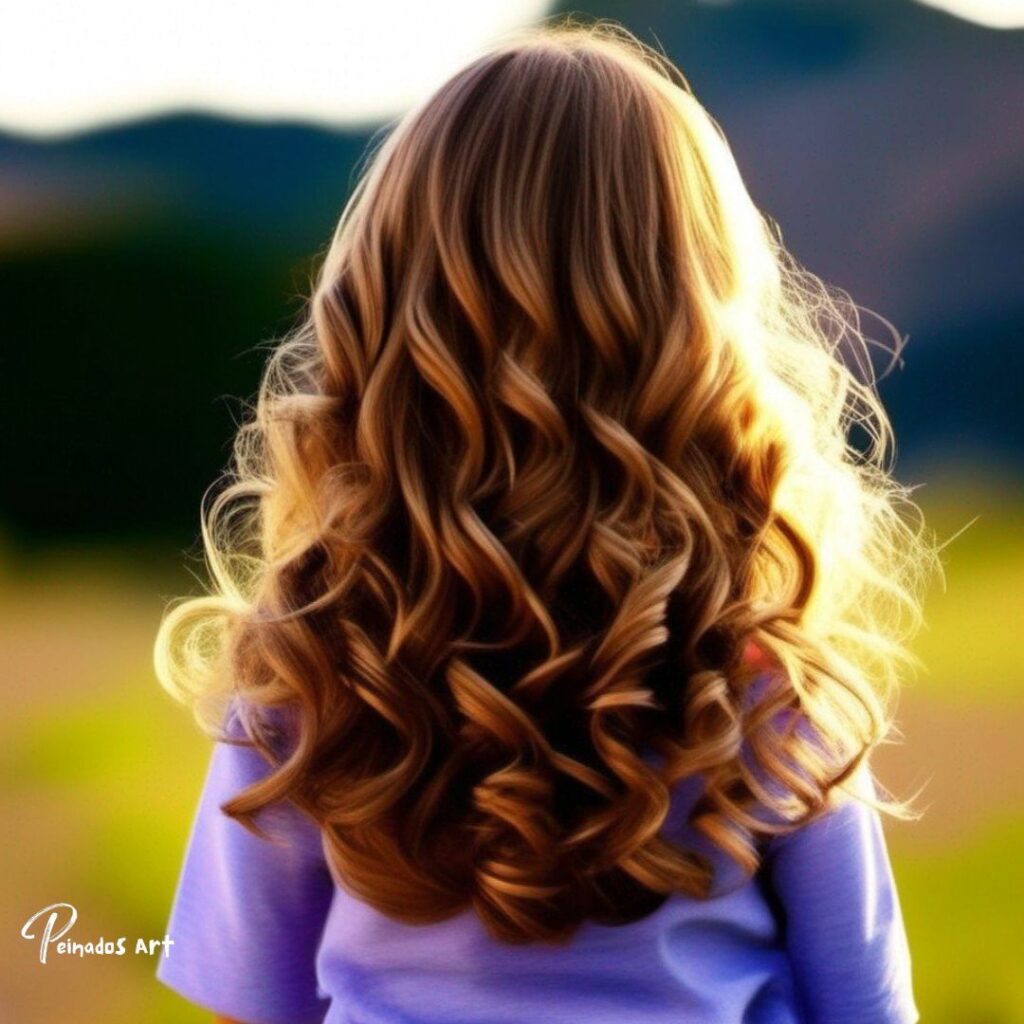 Una niña de 10 años con cabello largo y rizado, mirando hacia la cámara, mostrando peinados sueltos para niñas.