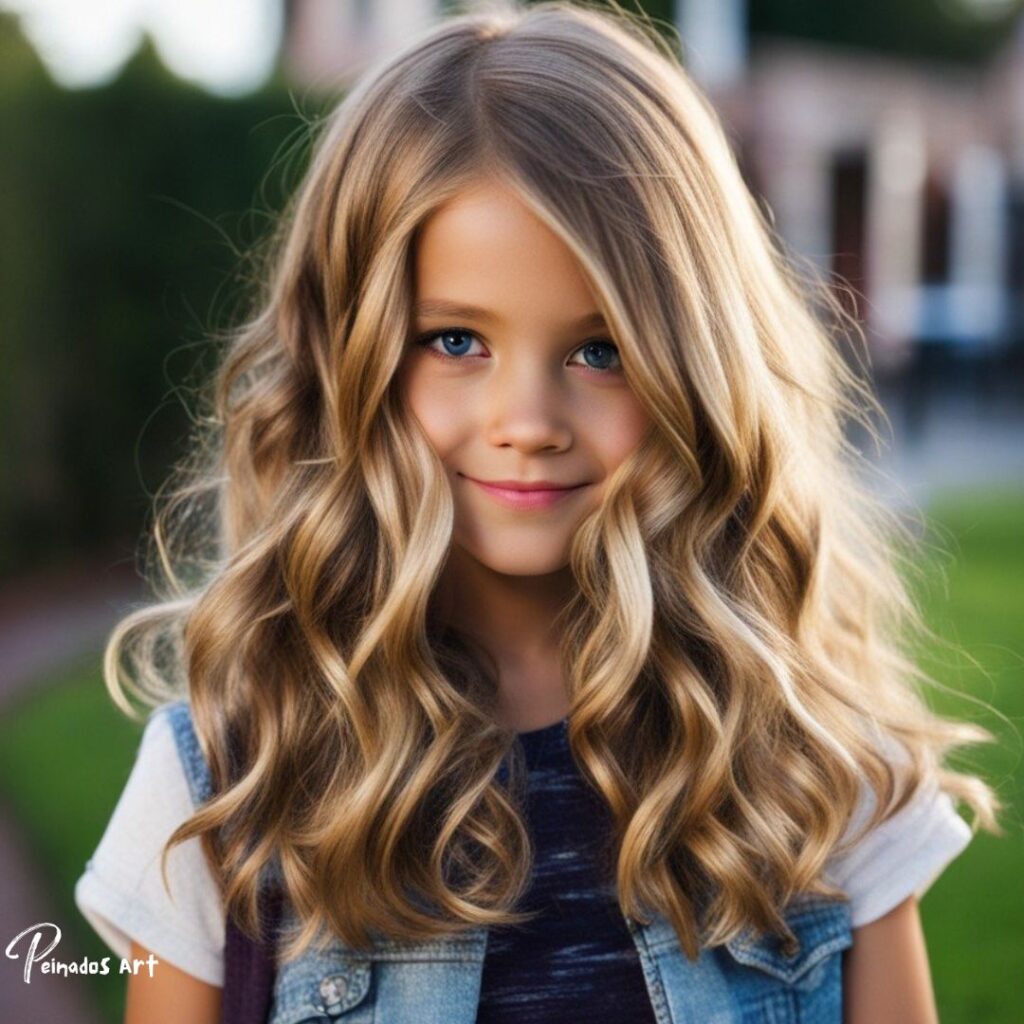 Una niña de 10 años con cabello largo y ondulado, luciendo un peinado suelto que complementa su apariencia juvenil.