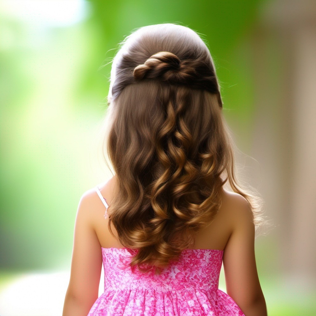 Una joven con cabello largo y suelto que lleva un vestido rosa y muestra un peinado encantador para una niña de 11 años.